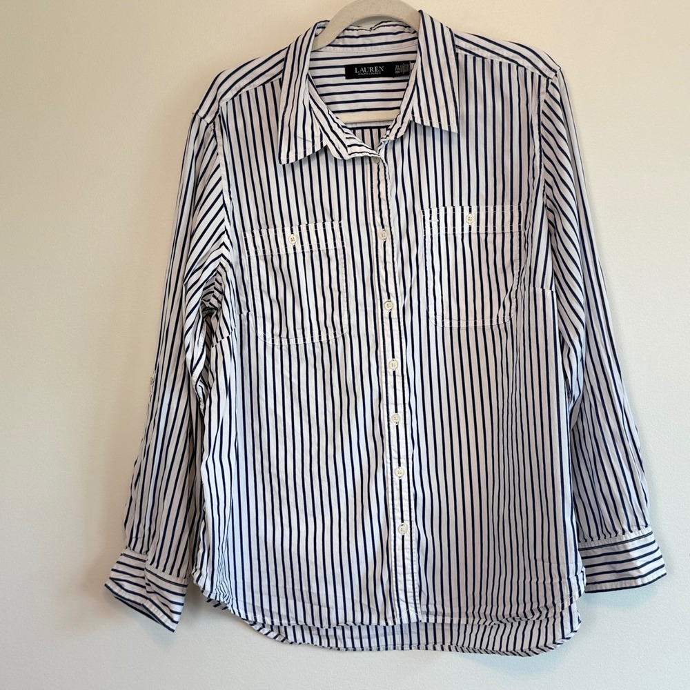 Lauren Ralph Lauren Womens 2X Navy White Striped Cotton Roll Tab Button Up Shirt